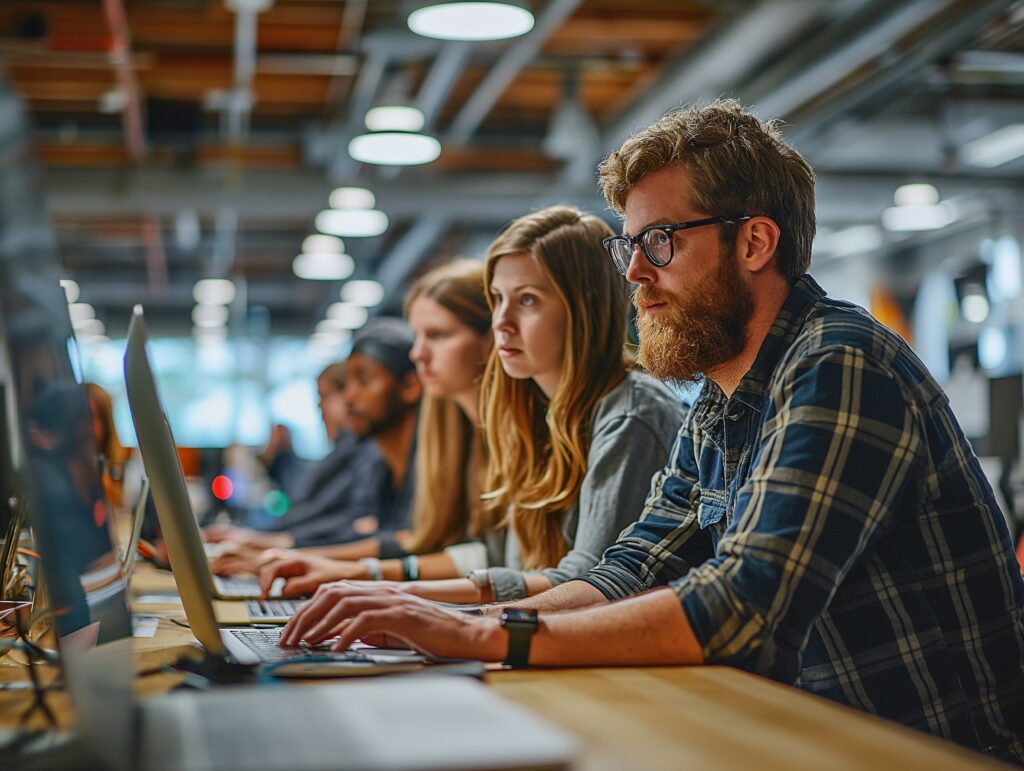Career advancement. Several people work side by side on laptops in a modern, open-plan office environment.