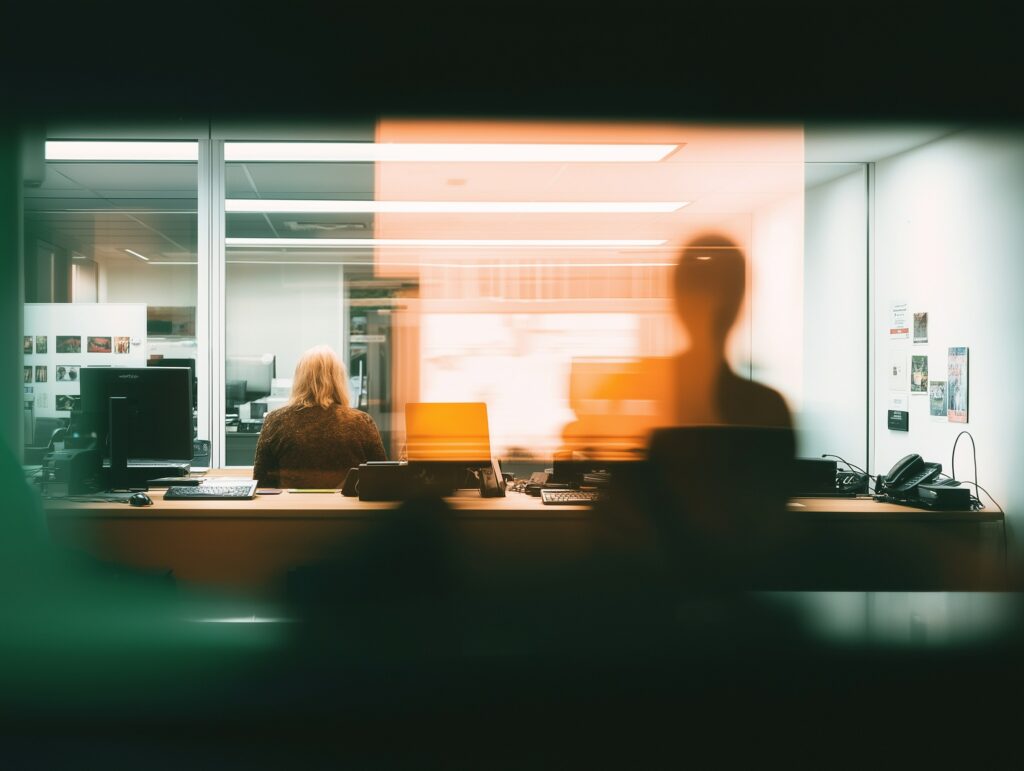 A person sits at a desk in a modern office while another blurred figure passes by in the foreground.