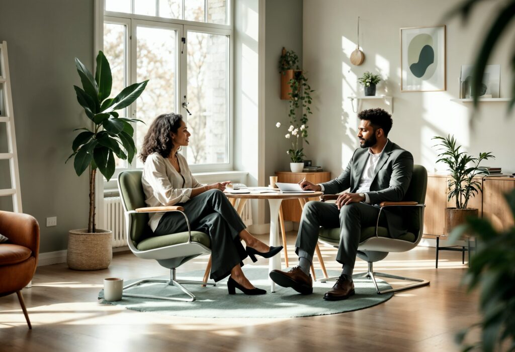 Navigating your career growth. A woman and a man in business attire sit across from each other in a modern, sunlit office, engaged in a professional conversation.