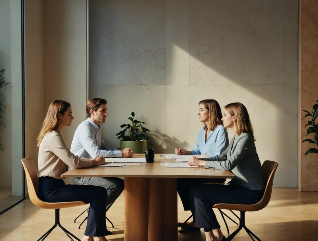 Four people in business attire sit around a table in a modern office, engaged in a professional meeting. Navigating your career growth